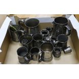 A collection of pewter mugs and measures including, The New Green Man Pub, Watford 1730, The Two