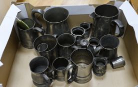 A collection of pewter mugs and measures including, The New Green Man Pub, Watford 1730, The Two
