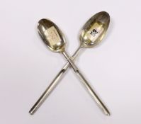 Two 18th century silver combination marrow scoop spoons, London, 1715 and London, 1771, the latter
