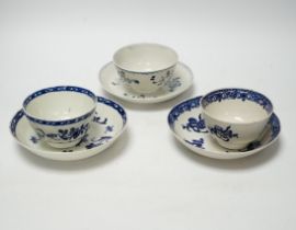 Three late 18th century Liverpool blue and white teabowls and saucers