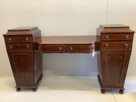 A George IV inlaid mahogany pedestal sideboard, length 203cm, depth 46cm, height 110cm