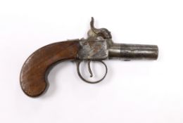 A 19th century box lock percussion pocket pistol with turn off barrel, engraved frame slab and