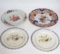 Two late 18th century pearlware Prattware plates, a Chinese export plate and an ironstone plate,