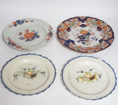 Two late 18th century pearlware Prattware plates, a Chinese export plate and an ironstone plate,