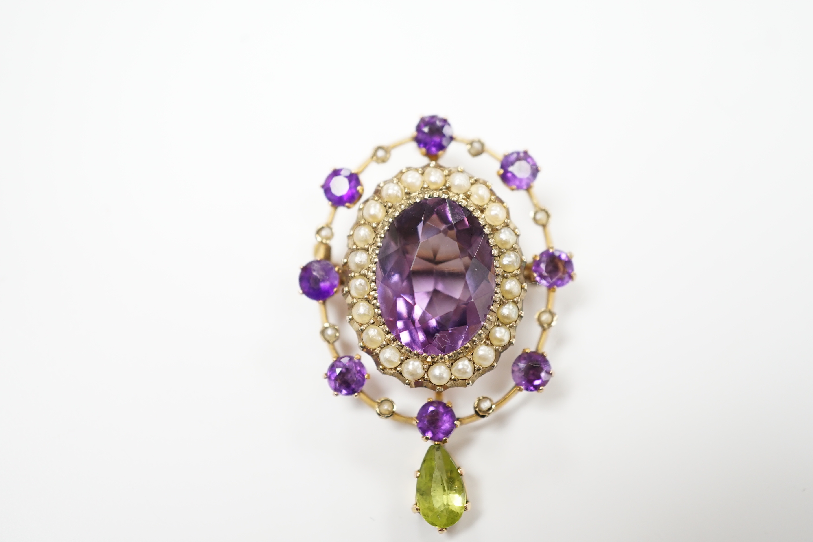 An early 20th century yellow metal, amethyst, peridot and seed pearl cluster set drop pendant - Image 3 of 5