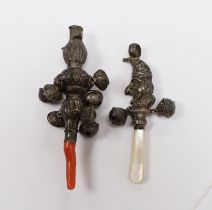 Two child's silver rattles, including George V Mr Punch, with mother of pearl teether, by Crisford &