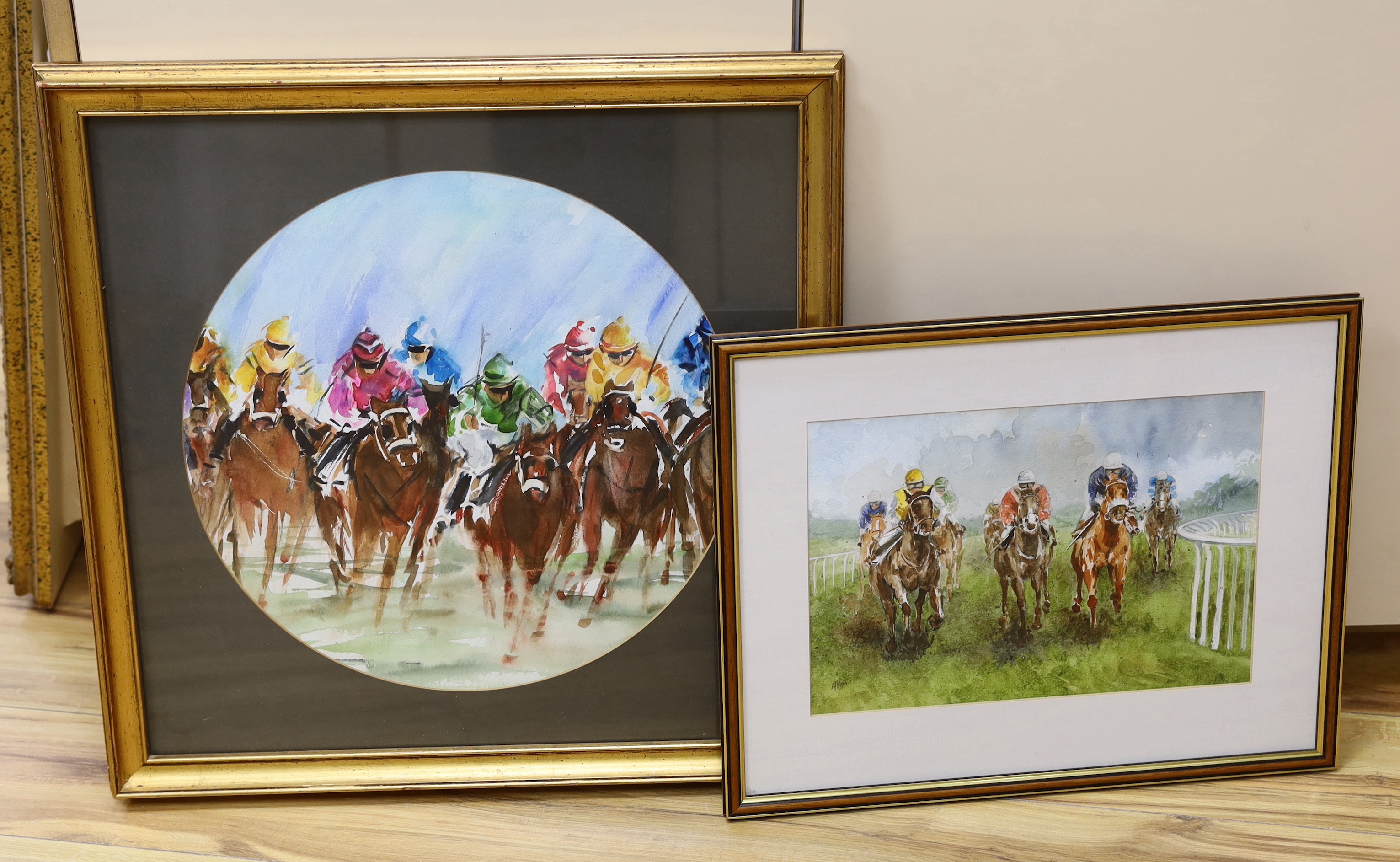 Horse racing interest, two watercolours, Jockeys on horseback, one indistinctly signed, possibly K J