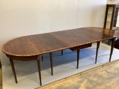 A George III satinwood strung mahogany D end extending dining table, 316cm extended, width 125cm,