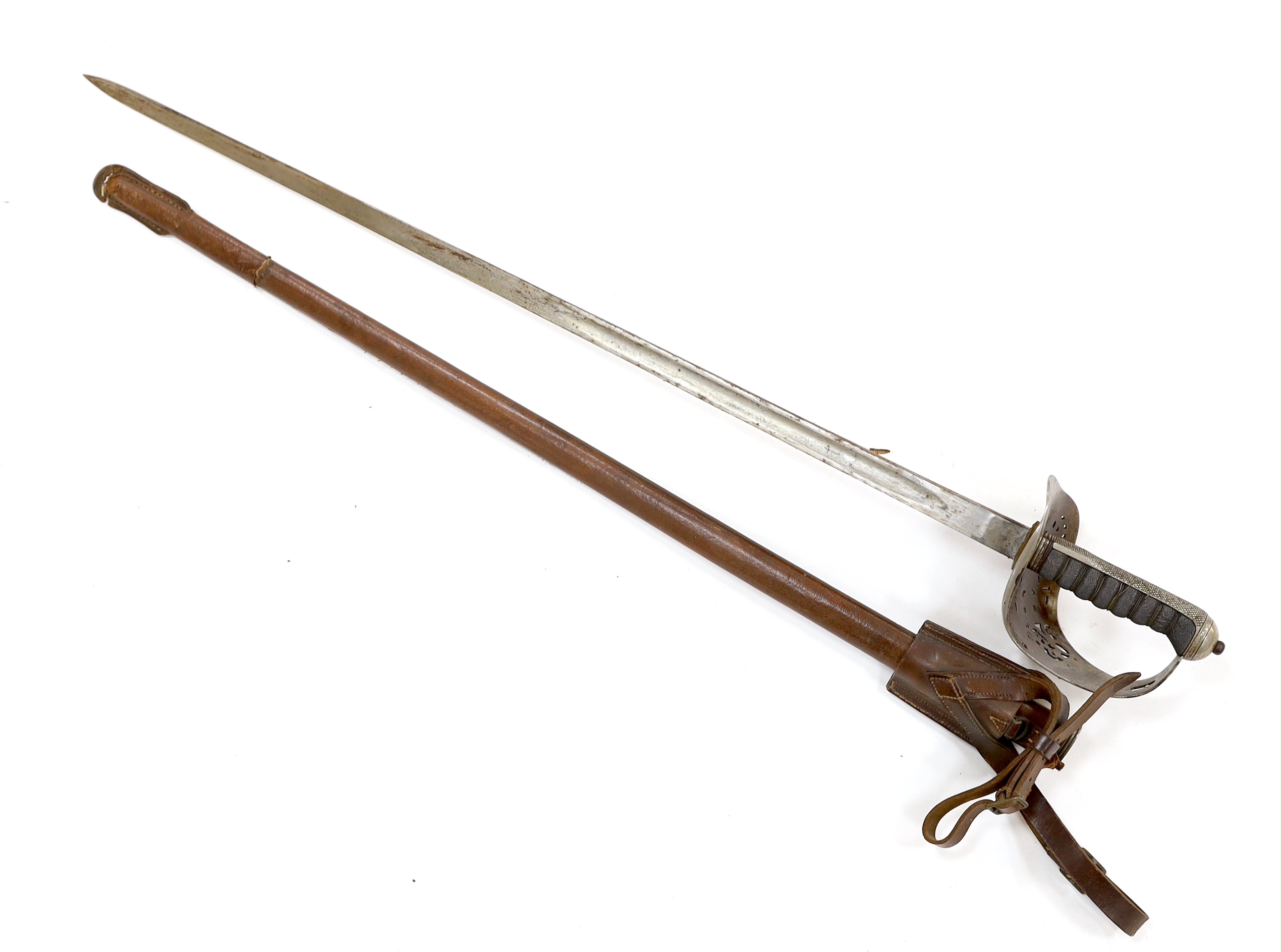 A George V 1897 pattern infantry officer's sword, with scabbard and leather hanger, blade 82cm - Image 4 of 7