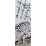 Hayashi Michkiken (Japanese) watercolour scroll painting depicting a tiger and bamboo, 119 x 40cm