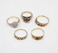 Three assorted 9ct gold and gem set rings, including ruby and diamond cluster, gross weight 7.7