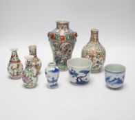 A group of Chinese famille rose small vases and blue and white items, late 19th/early 20th
