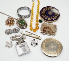 Assorted paste set jewellery etc and other items including compacts and a Ronson lighter.
