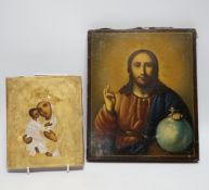 An early 20th century Russian Icon painted on wooden panel of Christ, with inscription and four