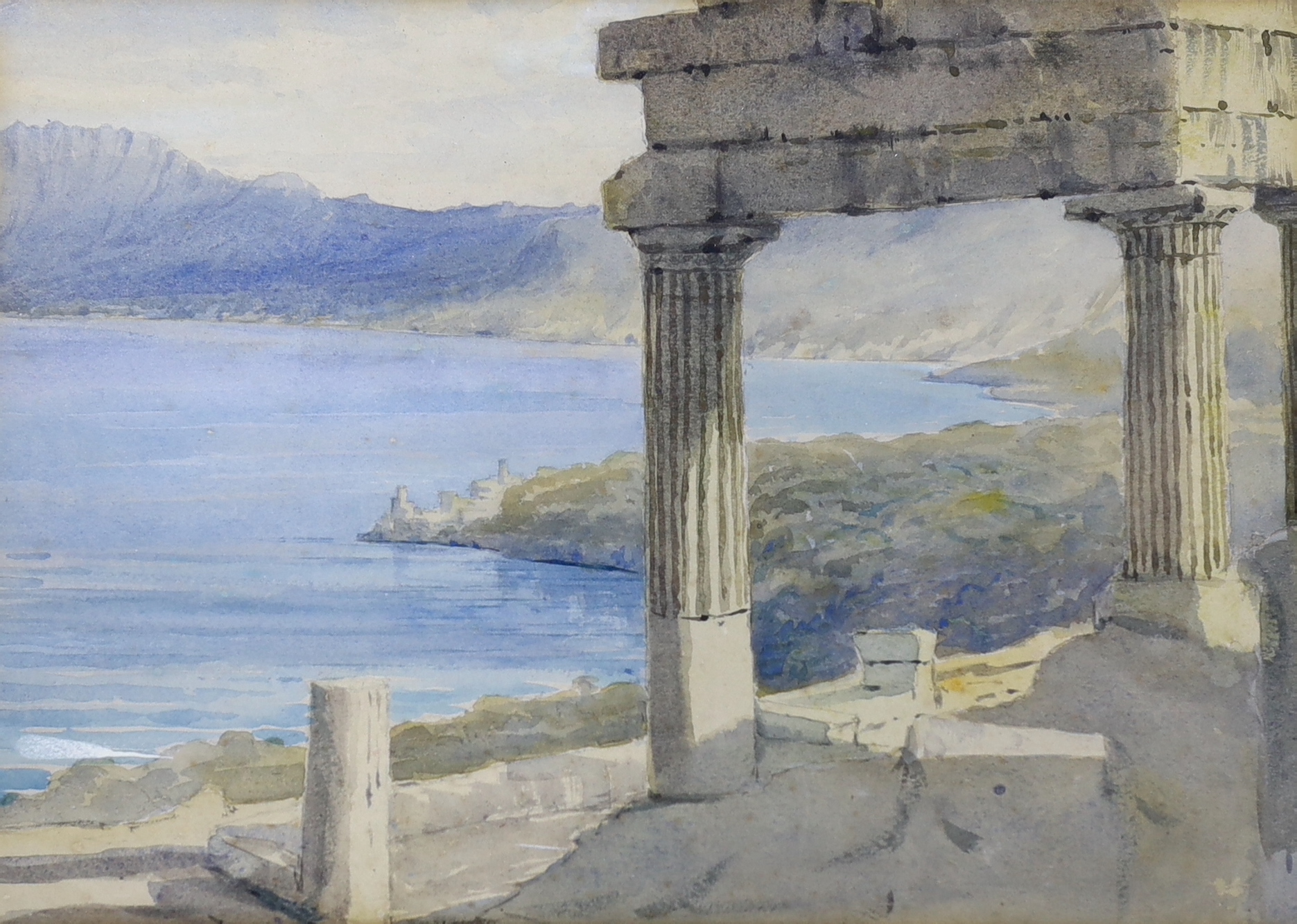 19th century School, watercolour, 'Solunto, Sicily', lakeside landscape with ruins, 25 x 34cm