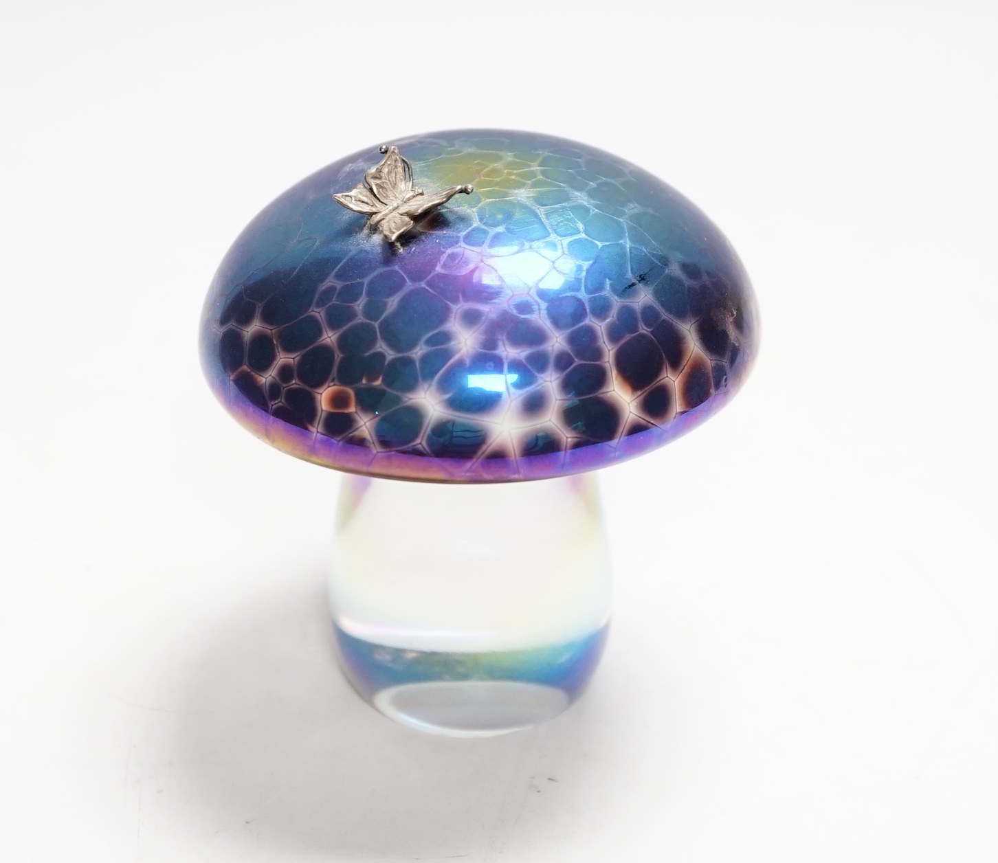 A John Ditchfield glassform mushroom with applied butterfly, signed to base, 11cm high