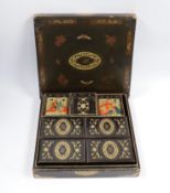 A mid 19th century Chinese export lacquer games box, containing mother of pearl counters