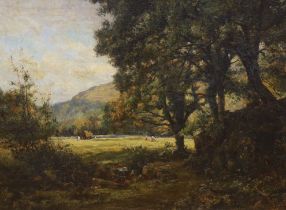 Oil on canvas, Woodland before a clearing with figures hay making, indistinctly signed, possibly K G
