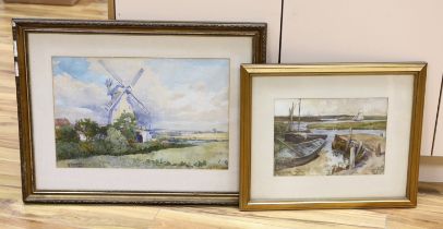 Henry Gillard Glindoni (1852-1913), two watercolours, Landscape with windmill and Coastal scene with