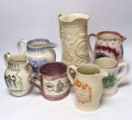Seven military and naval themed jugs including a Leeds creamware jug 'Loyal Volunteers' inscribed 'L
