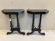 A pair of late Victorian ebonised hall tables, altered, width 53cm, depth 26cm, height 76cm.