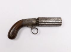 A 19th century, six barrel under action percussion pistol, with engraved lock and walnut grip,