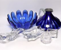 A group of glassware including Small Tiffany vase, two Baccarat dishes and a large blue glass