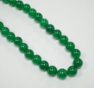 A single strand jade bead necklace, with white metal clasp, 42cm.