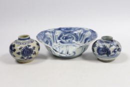 A pair of Chinese blue and white jarlets, Ming Dynasty and a Chinese kraak blue and white bowl, bowl