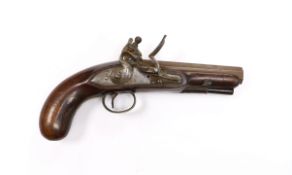 A flintlock overcoat pistol c.1820, octagonal barrel with gold inlaid breach line and engraved