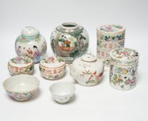 A group of 19th/20th century Chinese famille rose boxes and covers and jars etc., tallest 11.5cm