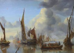 19th century Dutch School, oil on board, Shipping at anchor with salute being fired to a barge