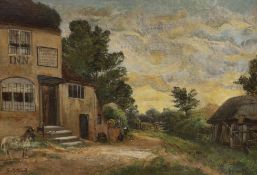 After G. Morland, oil on canvas, Country landscape with tavern, 33 x 48cm