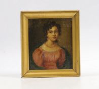 Early 19th century, oil on board, Portrait miniature of a Regency lady wearing coral earrings and
