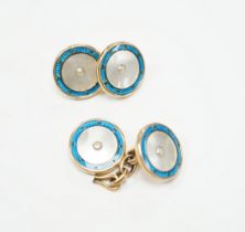 A pair of 9ct, mother of pearl and enamelled circular cufflinks, one link detached, 13mm, gross
