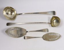 Two Scandinavian white metal soup ladles, longest 37.7cm and two fish slices, by Schmid, 19oz.