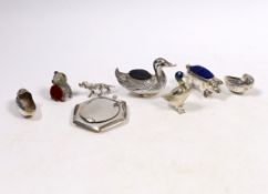 Five assorted modern silver mounted novelty pin cushions, including duck, pig and hatching chicks(