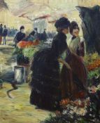 Impressionist oil on canvas, Women at a flower market, 60 x 50cm, unframed