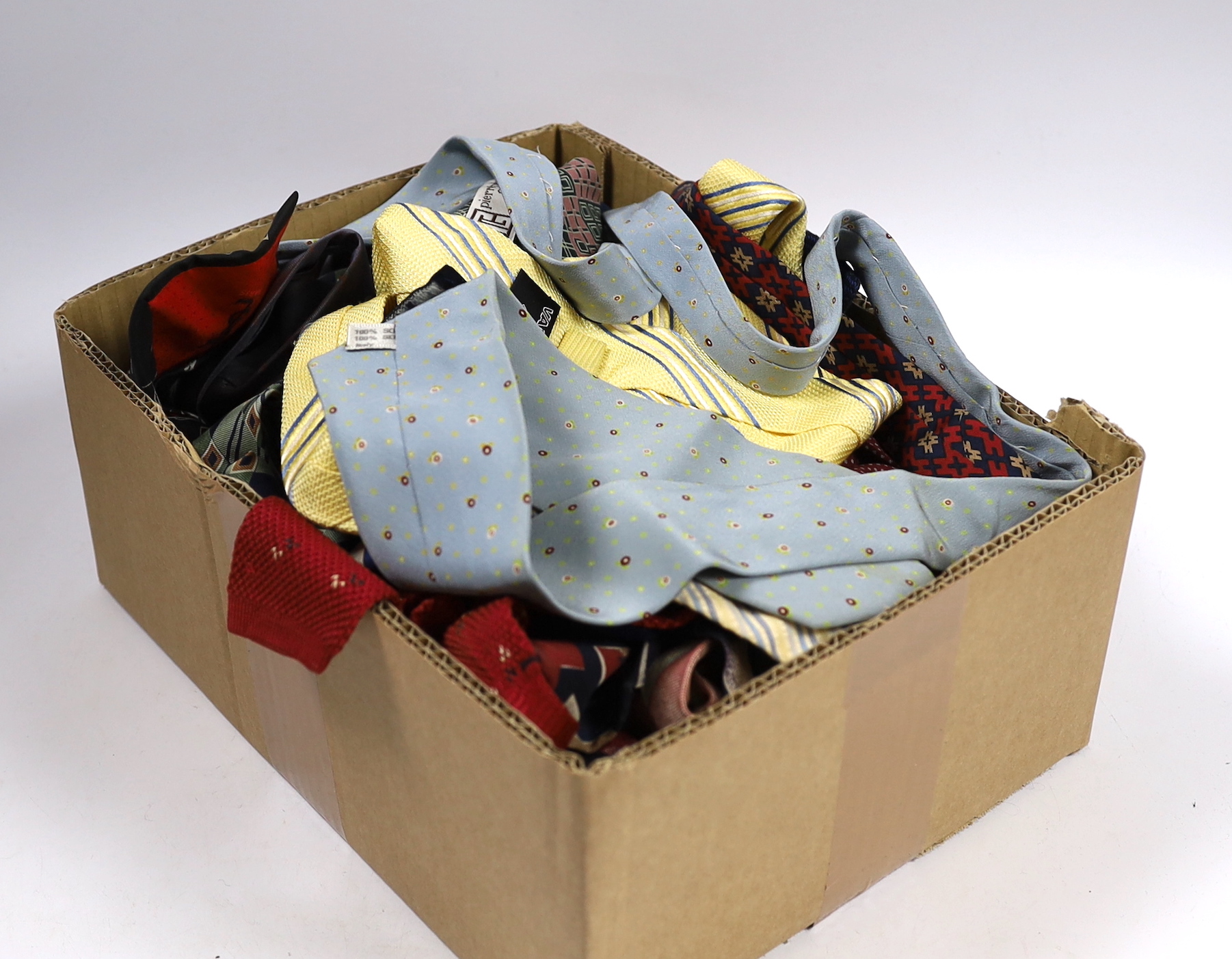 A collection of vintage and later silk ties, some designer including Jaeger, Pierre Cardin, Yves