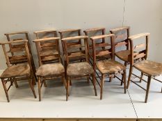 A set of ten elm and beech chapel chairs, width 35cm, depth 39cm, height 80cm