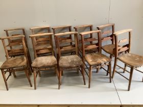 A set of ten elm and beech chapel chairs, width 35cm, depth 39cm, height 80cm