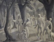 E. M. Watts (20th. C) oil on board, en grisaille, classical figures, signed and dated 1935, 39 x