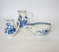 A Worcester rose pattern sauceboat c.1770 and two three flowers pattern milk jugs, largest 18cm