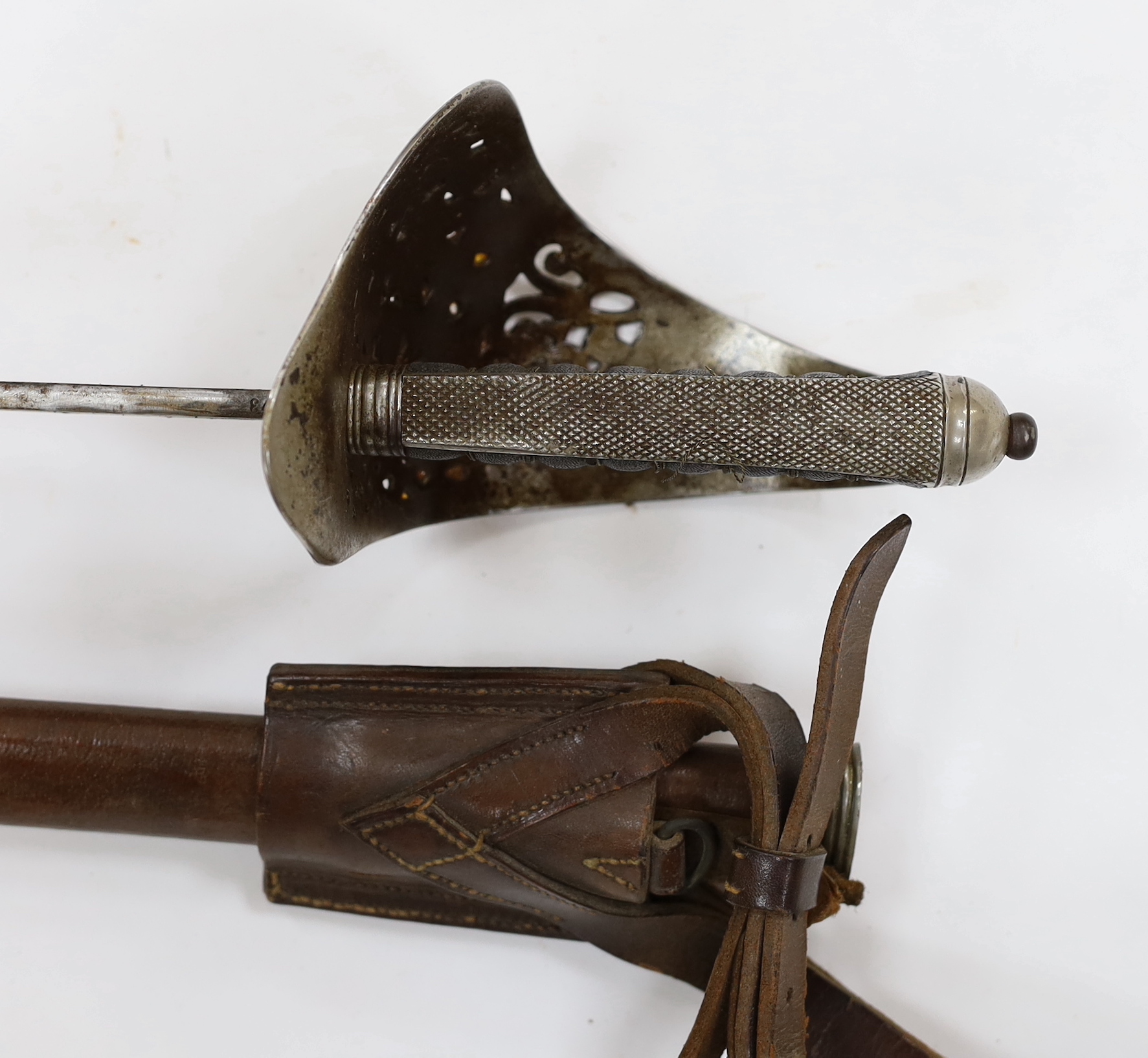 A George V 1897 pattern infantry officer's sword, with scabbard and leather hanger, blade 82cm - Image 7 of 7