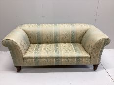 A late Victorian upholstered drop arm Chesterfield settee, length 170cm, depth 80cm, height 70cm