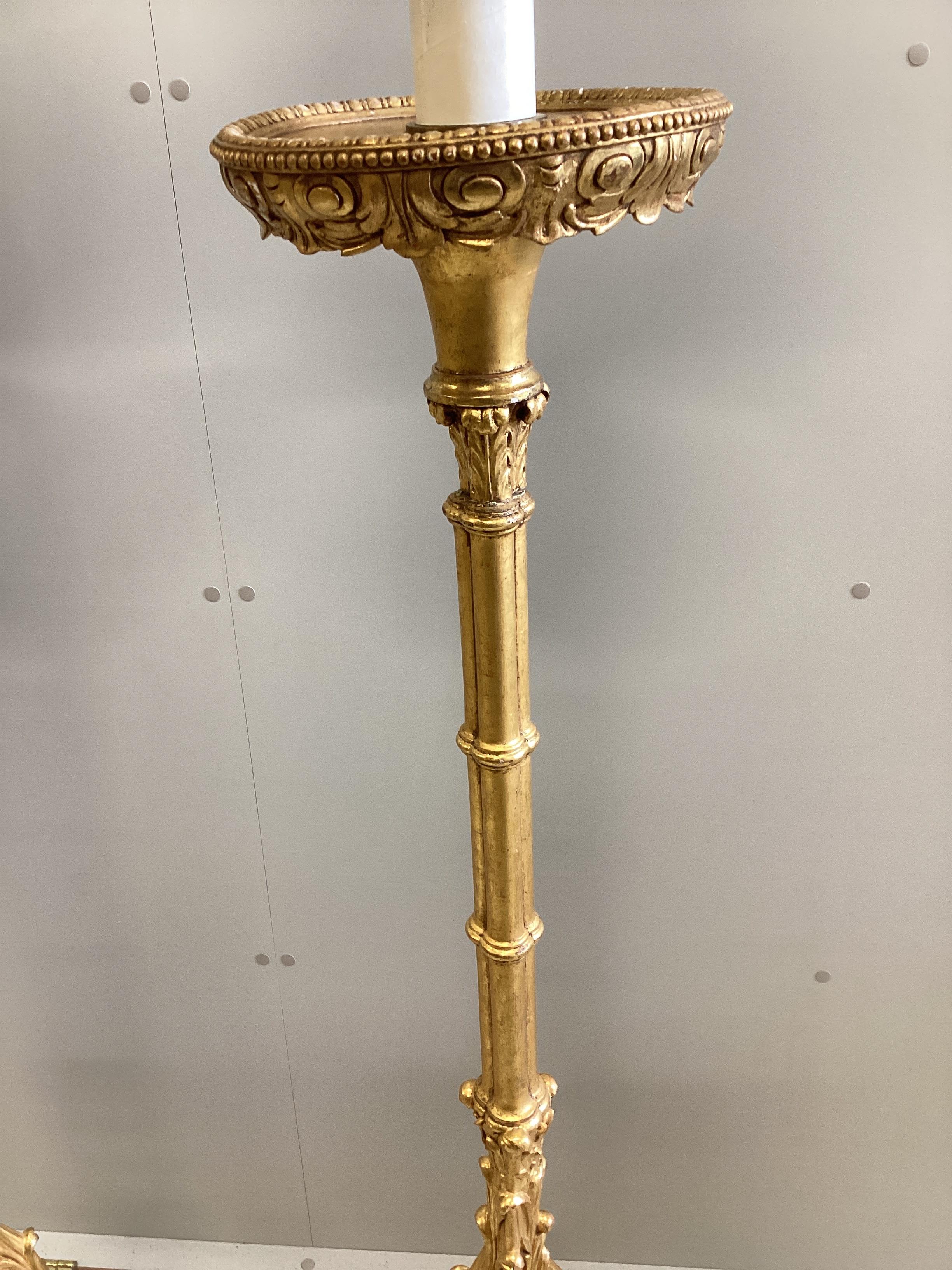A pair of 18th century style carved gilt cluster column tripod standard lamps, height including - Image 3 of 3