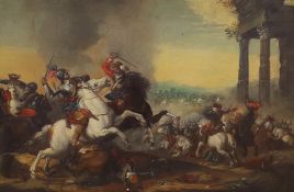 Manner of Pieter Wouverman (1623-1682), oil on board, Battle scene with cavaliers before ruins, 29 x
