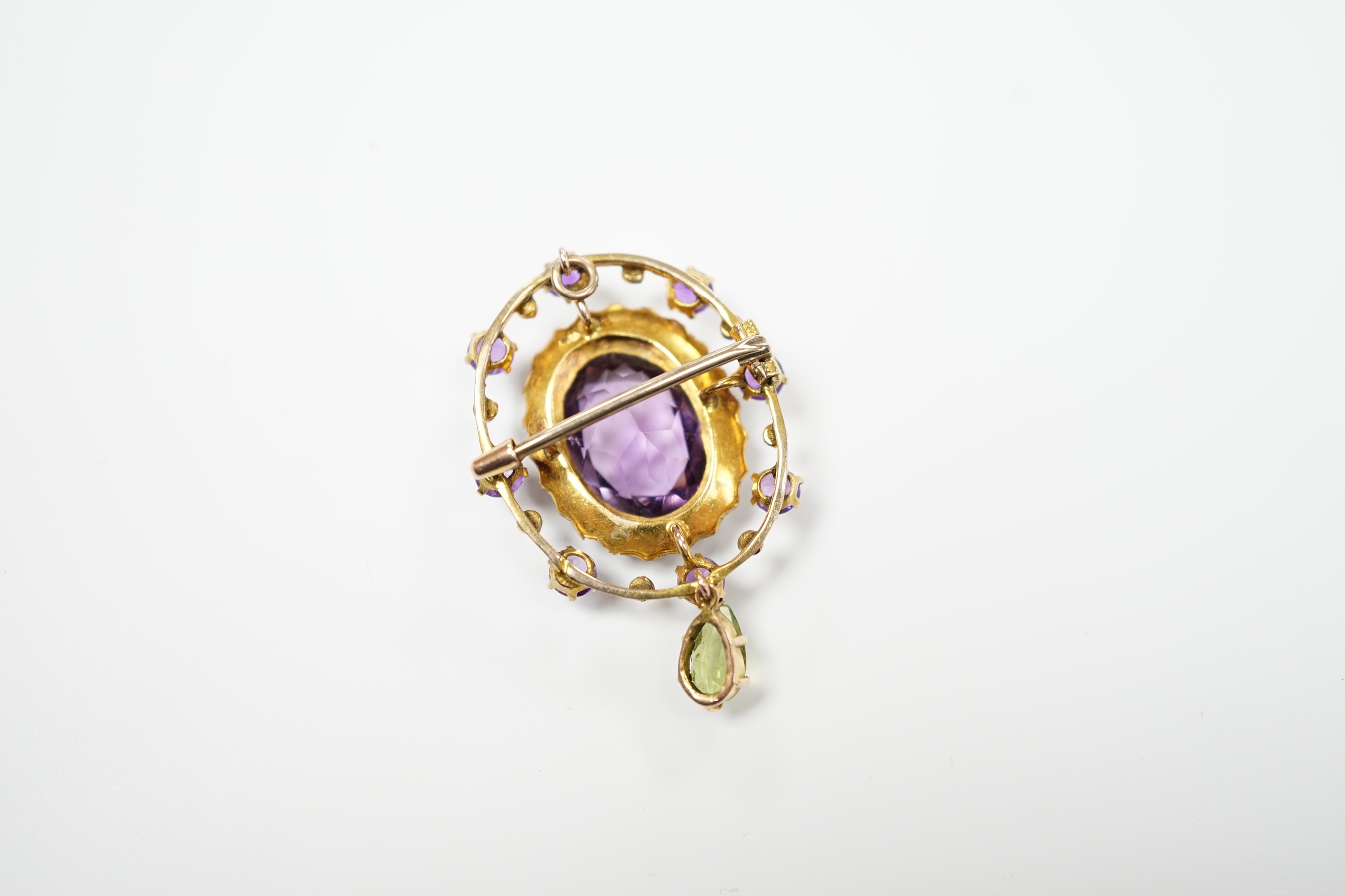 An early 20th century yellow metal, amethyst, peridot and seed pearl cluster set drop pendant - Image 5 of 5