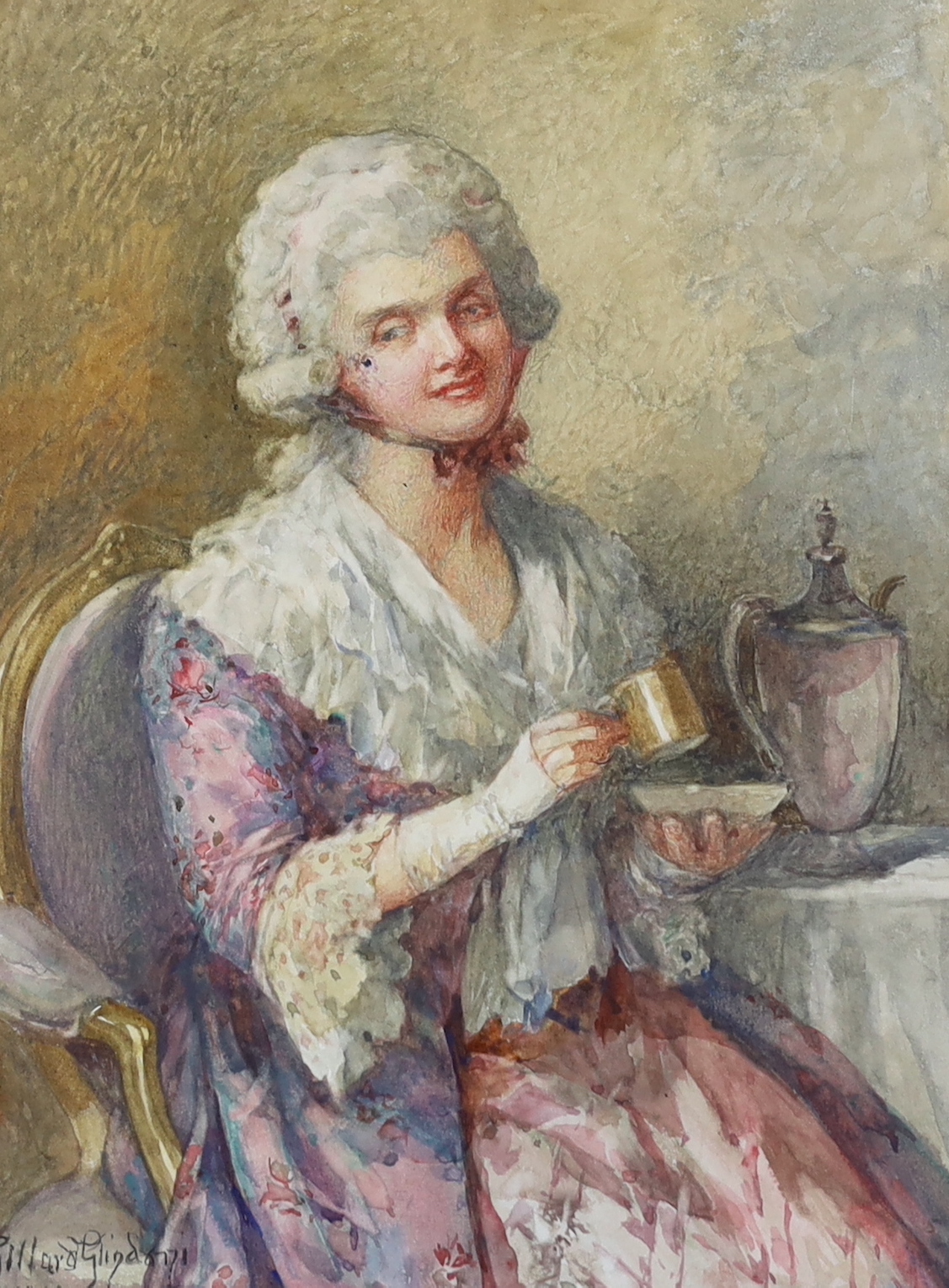Henry Gillard Glindoni (1852-1913), pair watercolour portraits, Seated Georgian lady and - Image 2 of 3