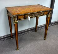 A Louis XVI style floral marquetry side table, the top inlaid with a musical trophy, width 80cm,